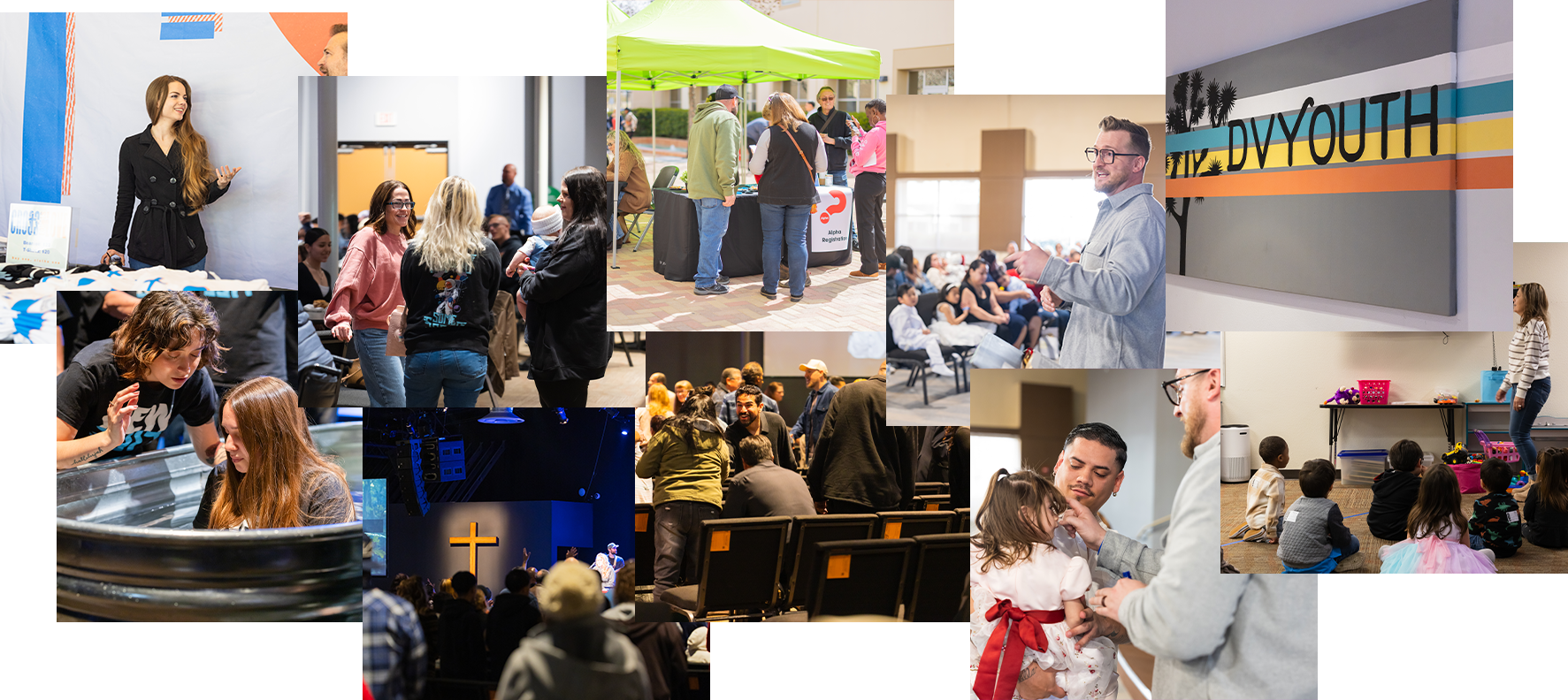 Collage of gatherings, worship, and family moments at Desert Vineyard Church in Lancaster, CA.