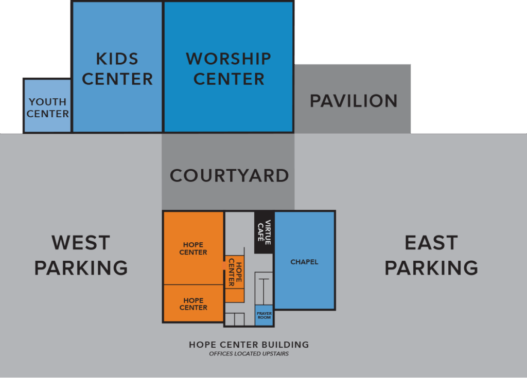 Map of Desert Vineyard Church campus in Lancaster, CA, showing Kids Center, Worship Center, Pavilion, Courtyard, and parking.