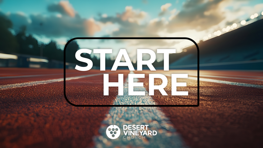 Close-up perspective of a running track starting line with a central white line and a white grape logo, with blurred trees and a cloudy sky in the background, featuring white text that reads "START HERE" inside a black rounded rectangle frame.