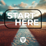 Close-up perspective of a running track starting line with a central white line and a white grape logo, with blurred trees and a cloudy sky in the background, featuring white text that reads "START HERE" inside a black rounded rectangle frame.